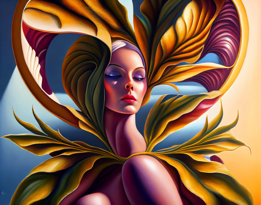 Surreal portrait of woman with stylized flora on gradient background