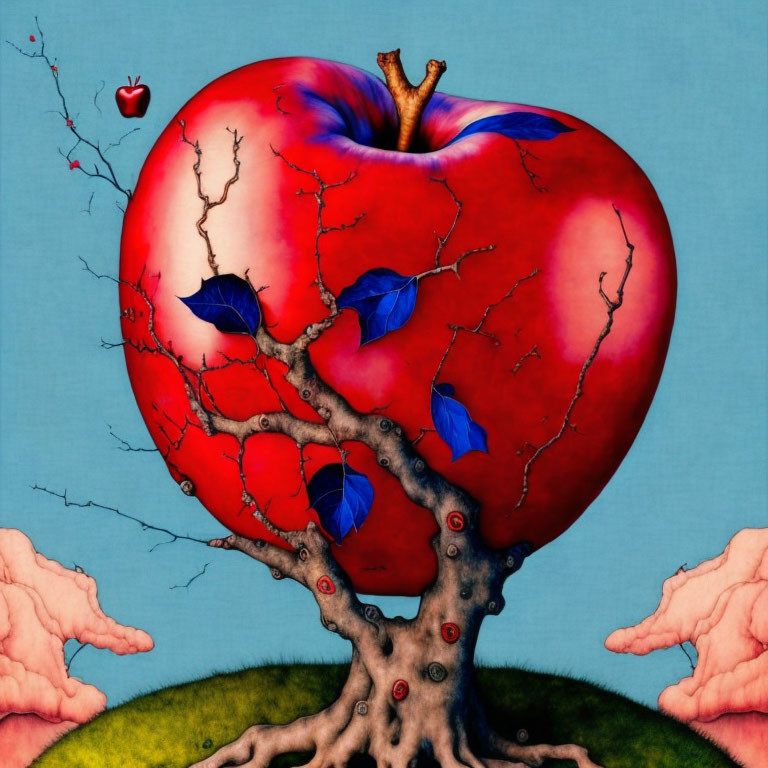 Surreal illustration: Tree branches and leaves in red apple scene