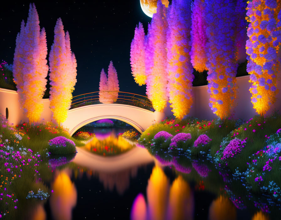 Colorful night scene: illuminated trees, white bridge, moon over calm river