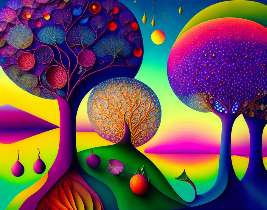 Colorful Psychedelic Landscape with Stylized Trees and Fruit-Like Shapes