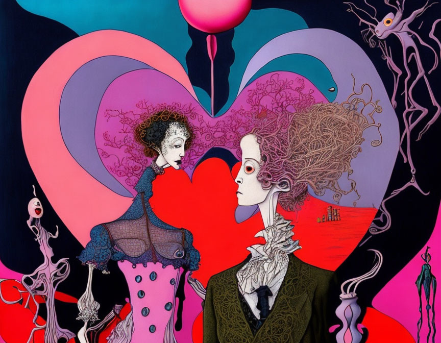 Surreal illustration featuring pink and green characters with heart backdrop