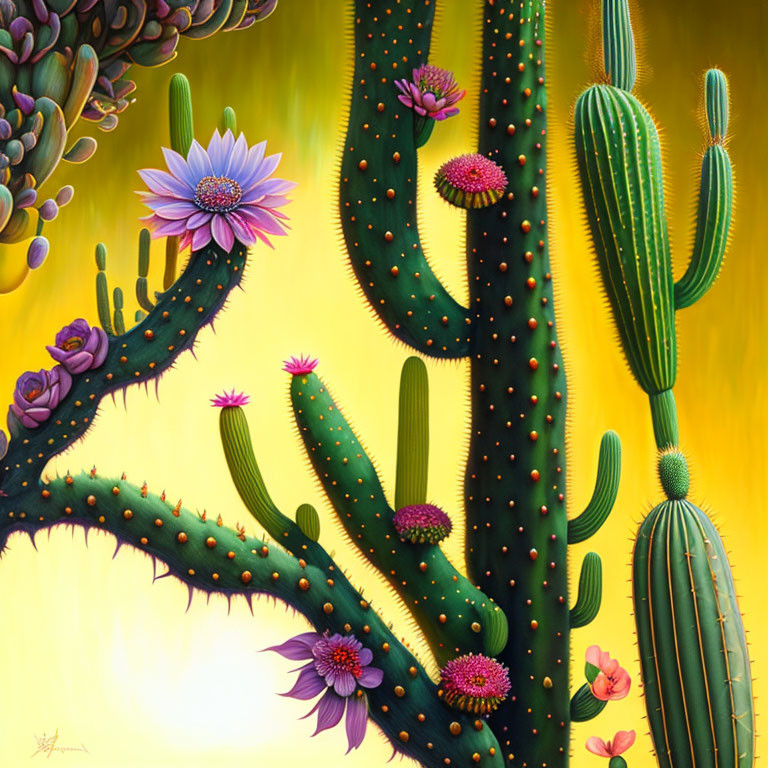 Colorful cacti, flowers, and butterflies on warm yellow backdrop
