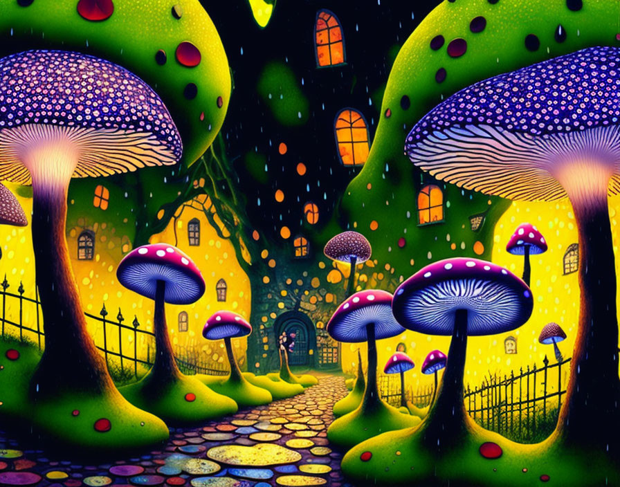 Colorful Glow: Mushroom Village Night Scene with Cobblestone Path & Cozy Houses