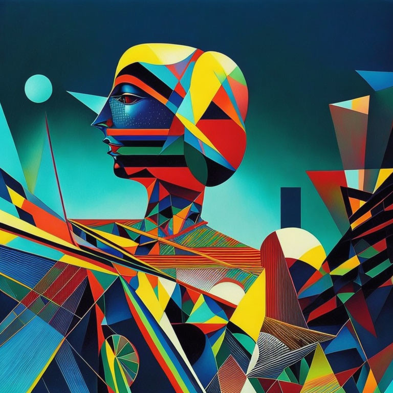 Colorful abstract portrait of stylized female figure with geometric shapes on blue background