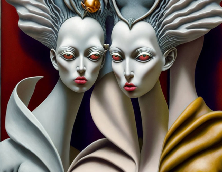Stylized figures with pale faces and red eyes in elaborate headdresses