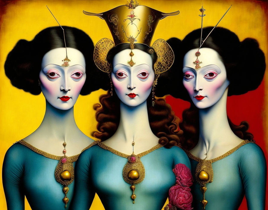 Three stylized women with pale faces and dark eyes in gold dresses and headpieces on yellow background.