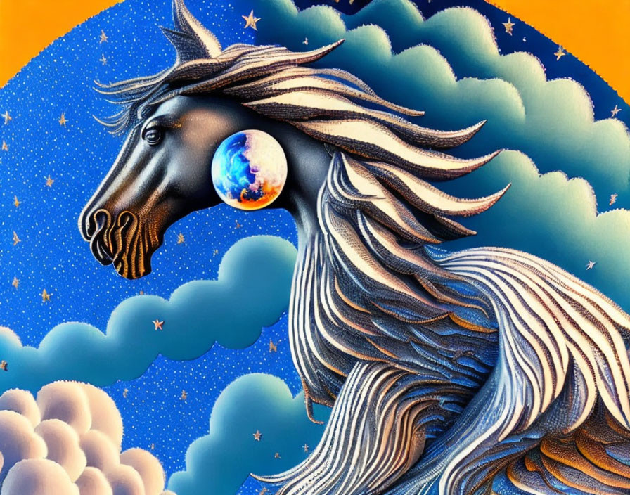 Majestic horse with Earth eye in cosmic-themed illustration