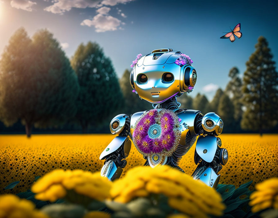 Robot with floral wreath in sunflower field with butterfly and trees.