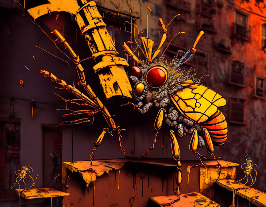 Vibrant digital artwork: Bee attacks dystopian cityscape
