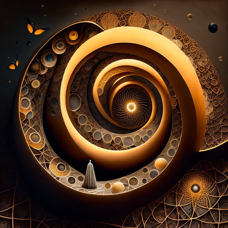 Fractal art with spiral design, glowing elements, butterflies, and monk figure