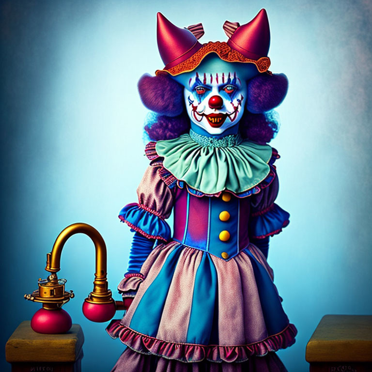 Colorful Clown in Blue Fur with Fancy Dress and Hat Standing Between Stools