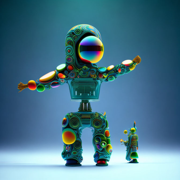 Colorful stylized robots with intricate patterns on blue background