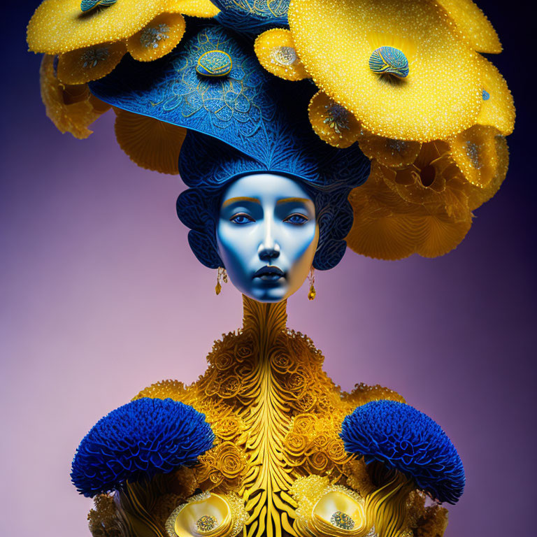 Blue-skinned figure in ornate mushroom headdress on gradient background