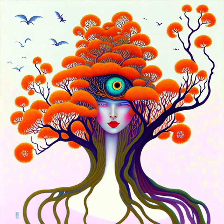 Surreal artwork: Woman's face merges with vibrant tree and peacock feather eye