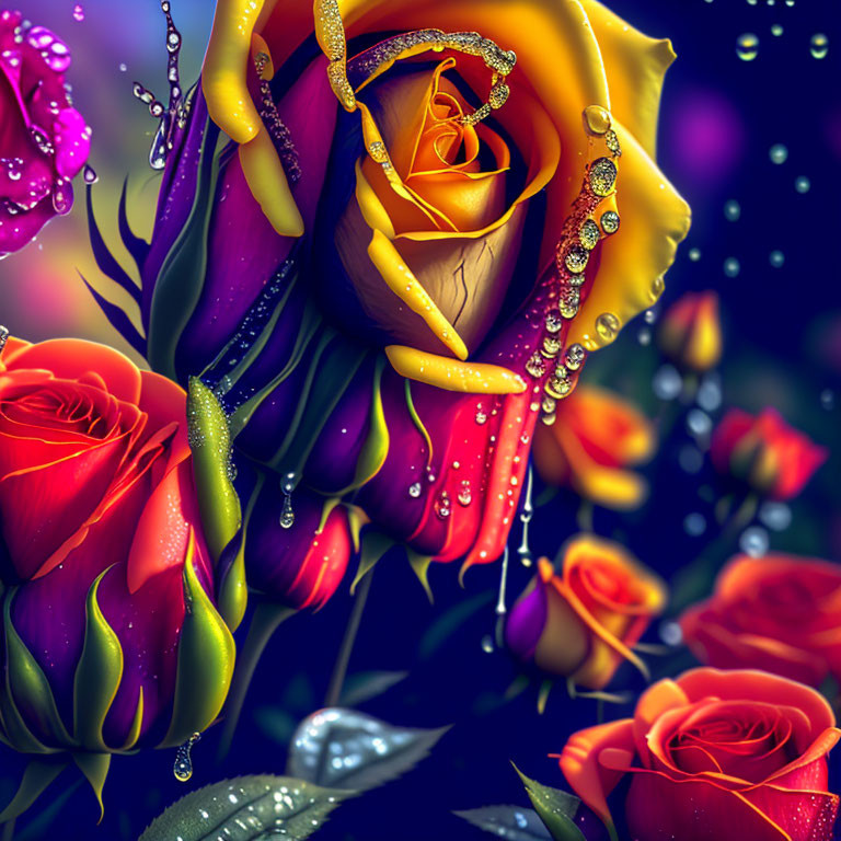 Multicolored roses digital art with dewdrops on blurred background