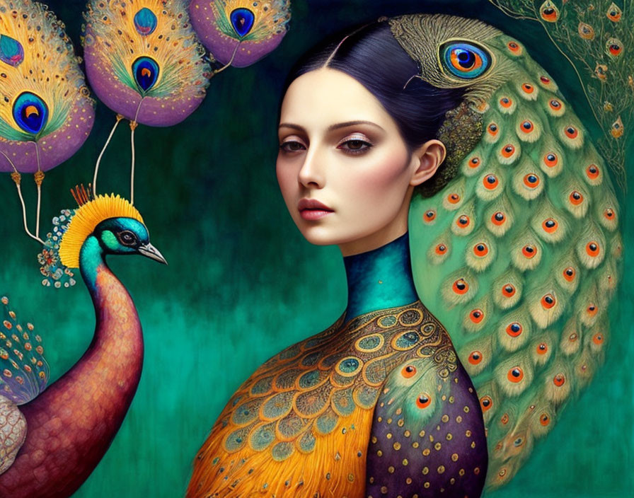 Surreal artwork: woman's portrait with peacock body, vibrant colors