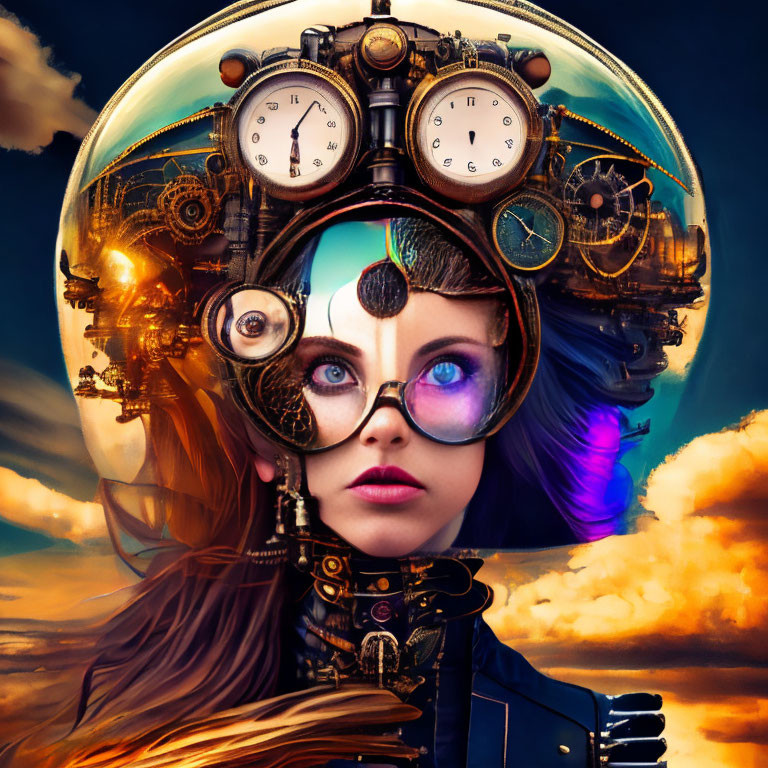 Steampunk-themed portrait of a woman with goggles and clock elements