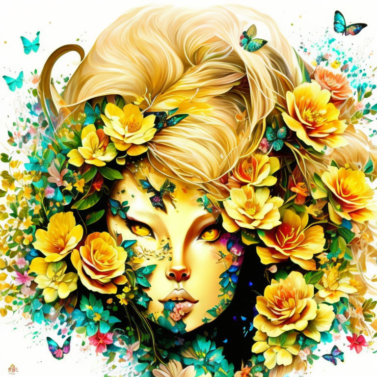 Illustration of Woman with Golden Hair, Floral Wreath, and Butterflies