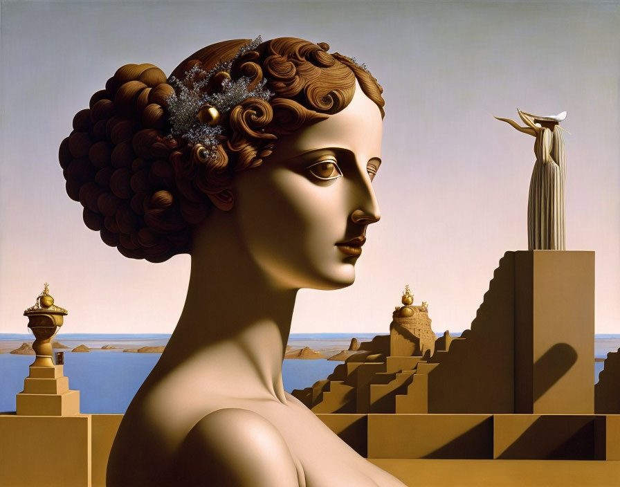Surrealist painting of classical female figure with elaborate hairstyle and architectural backdrop