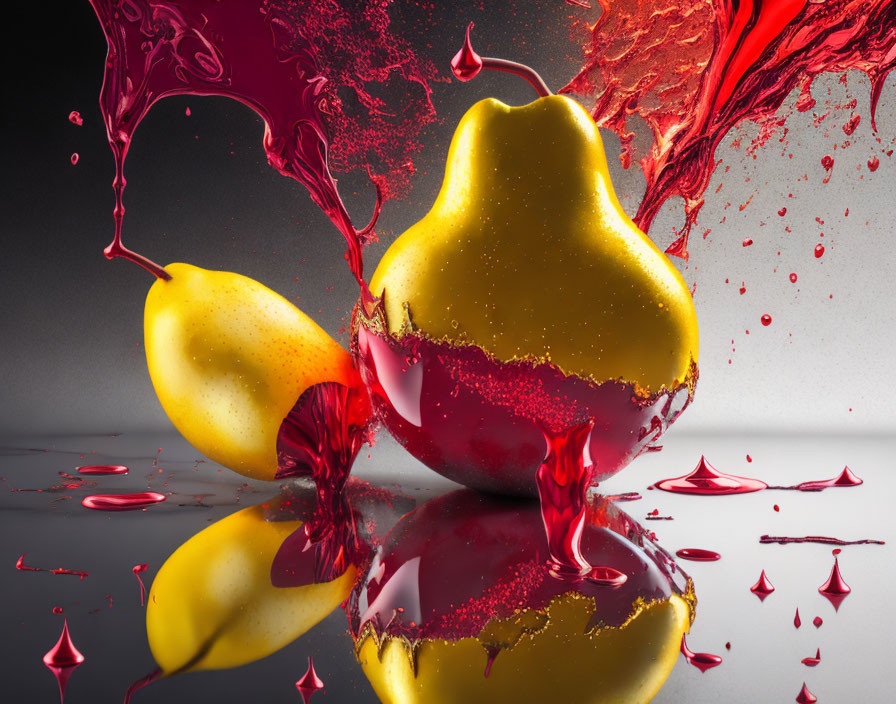 Two Pears on Reflective Surface with Red Liquid Splash