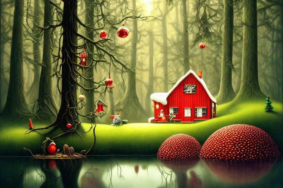 Colorful illustration of red house in forest with oversized strawberries and decorations