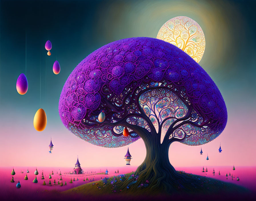Fantastical landscape with large purple tree and floating colorful objects