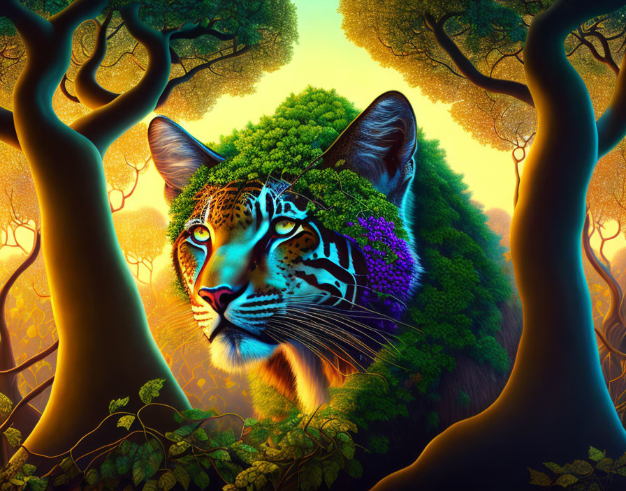 Surreal tiger face merges with lush forest in colorful artwork