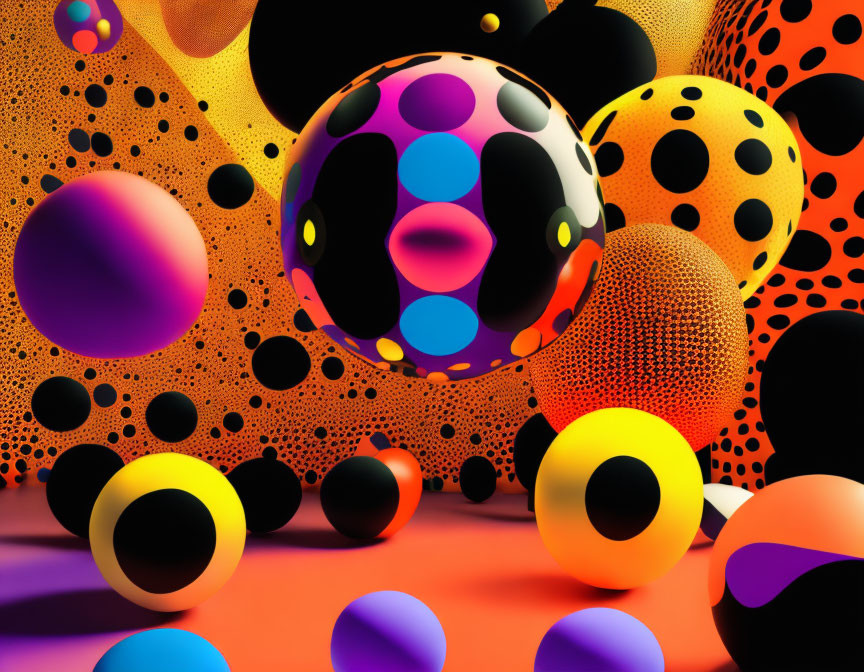 Colorful 3D spheres with textured patterns on dotted backdrop