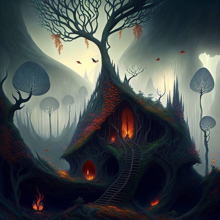 Enchanting fantasy forest with glowing treehouse and ethereal trees