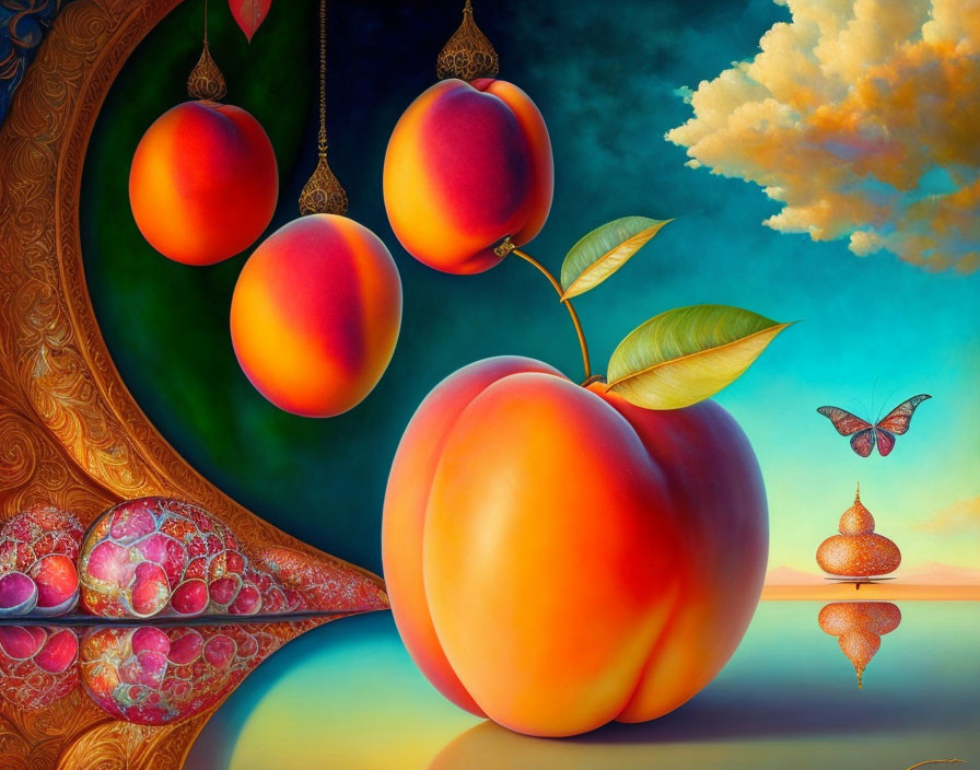 Colorful surreal artwork with oversized peach, hanging peaches, butterfly, and ornate details on blue