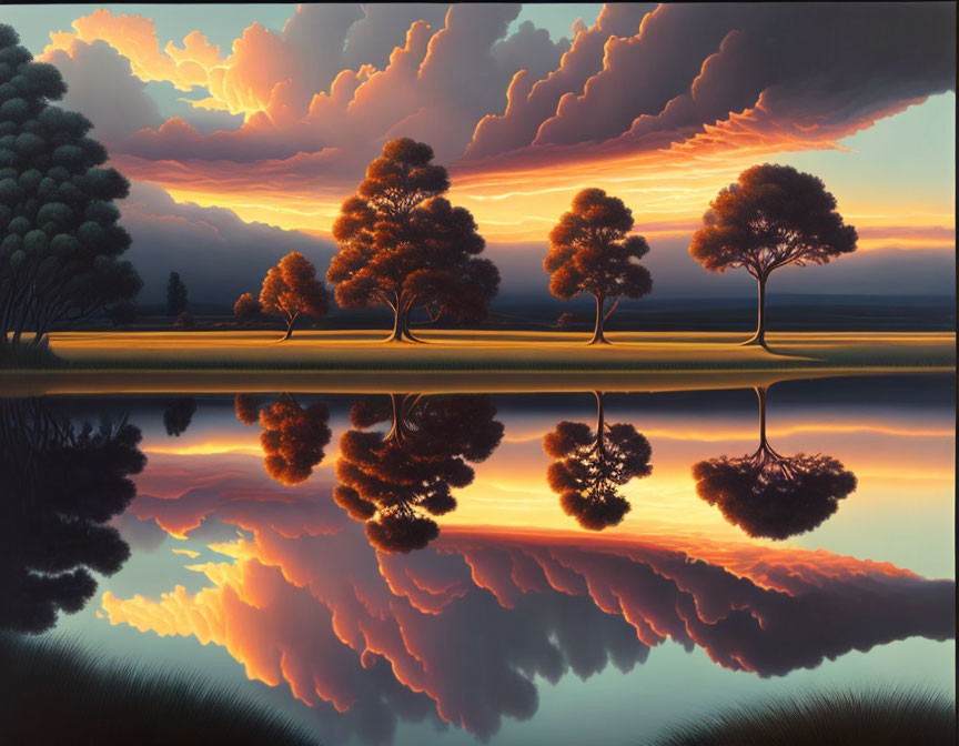 Tranquil Sunset Scene with Vibrant Clouds Reflected in Still Lake
