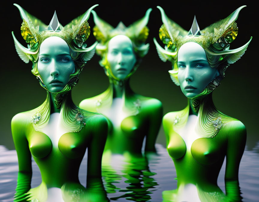 Three green-skinned female figures with ornate horns and regal headdresses, reflecting on a mirrored
