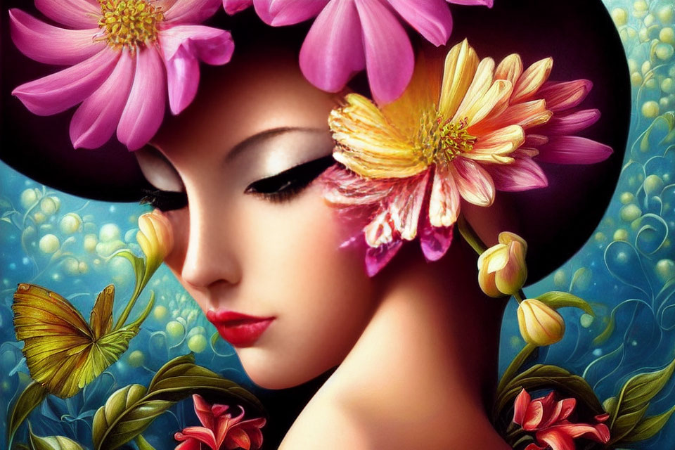Vibrant image: Woman with flowers in hair, butterfly, floral backdrop