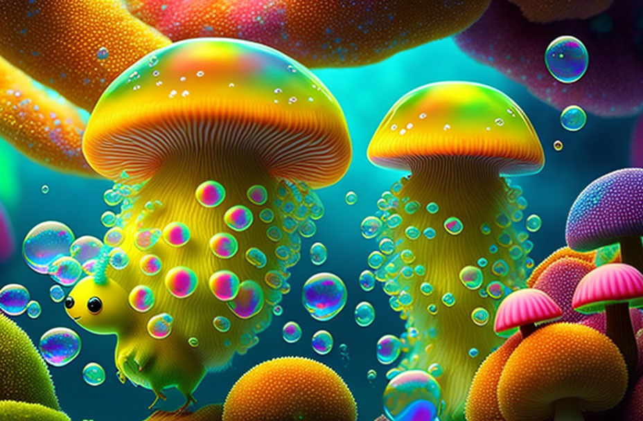 Colorful digital artwork: fantastical jellyfish-like mushrooms and whimsical creature in underwater scene
