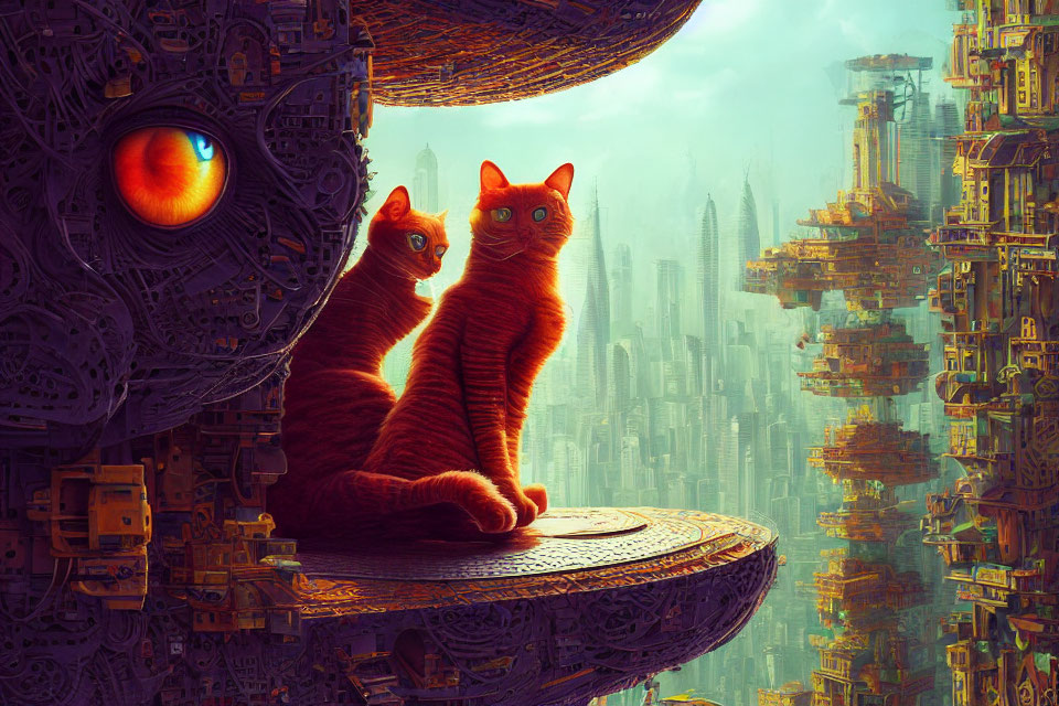 Two red cats in futuristic cityscape with skyscrapers and machinery.