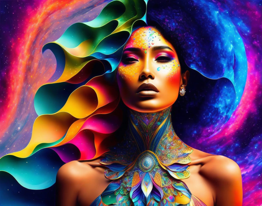 Colorful Artwork: Woman with Bold Makeup and Body Art in Cosmic Galaxy Setting