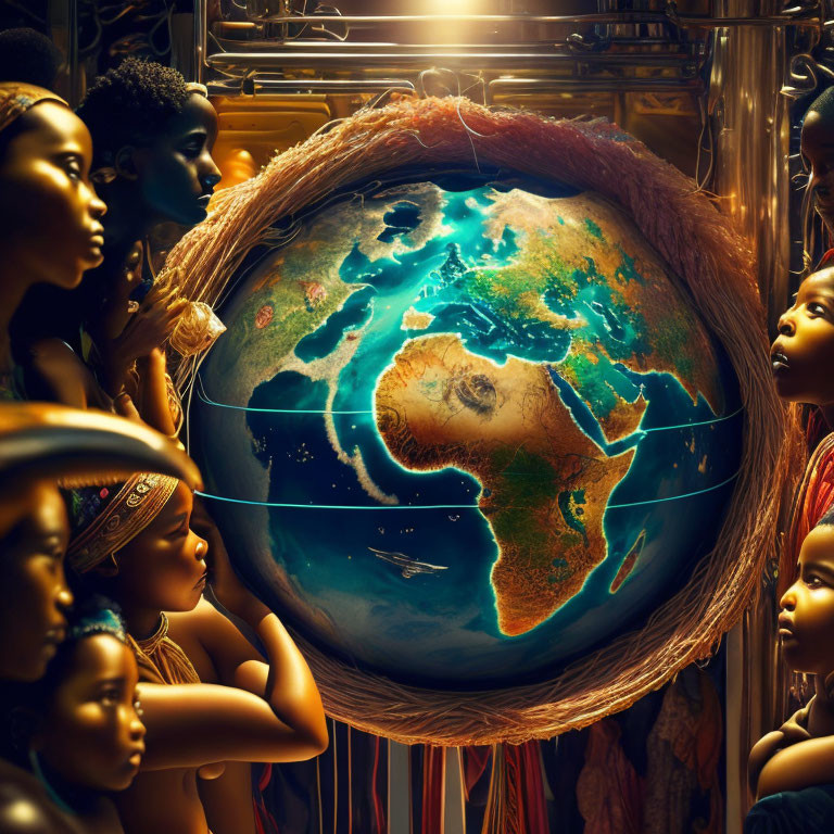 Group of people observing glowing detailed globe in golden-lit room