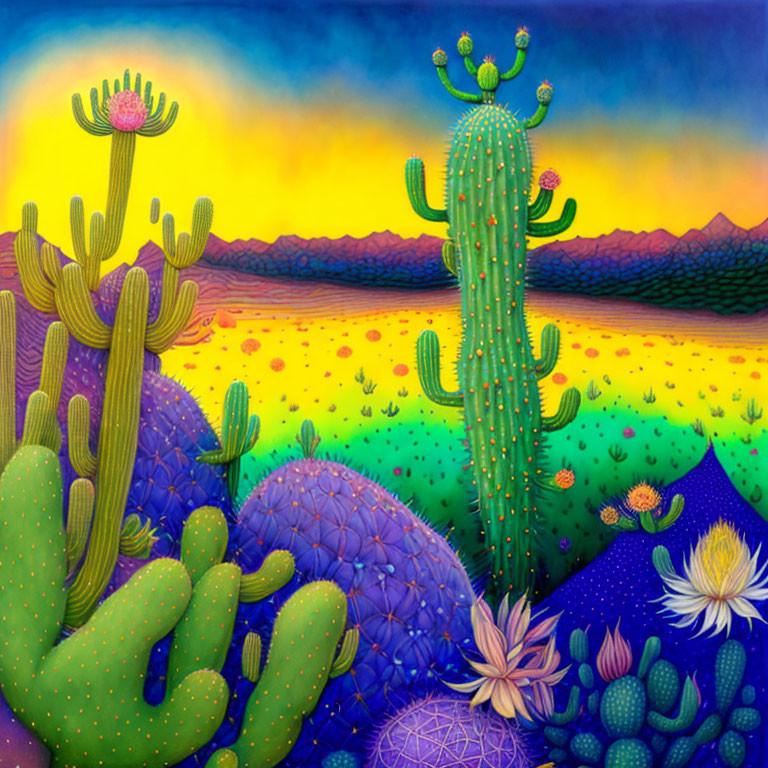 Colorful cacti and succulents under gradient sky