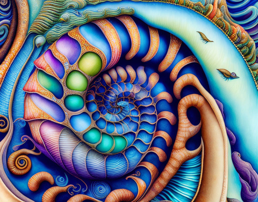 Colorful Abstract Spiral Design with Marine and Fantasy Elements