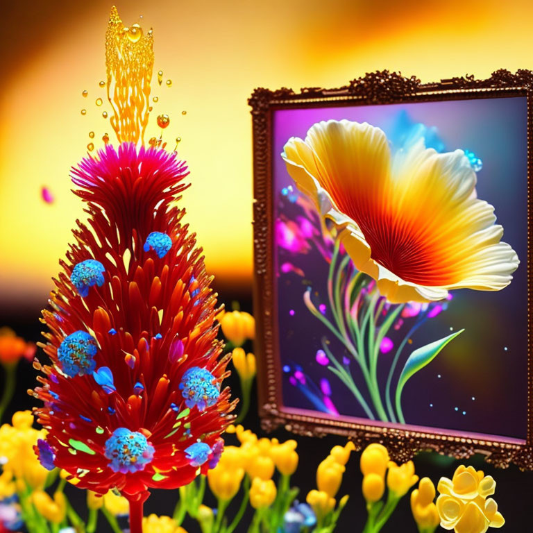 Colorful Digital Artwork: Imaginative Flower with Gold Splash and Sunset Illustration
