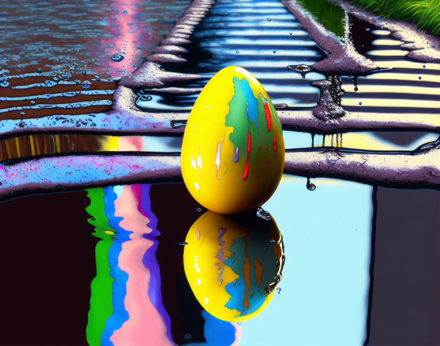 Vibrant painted egg with colorful dripped patterns on reflective surface