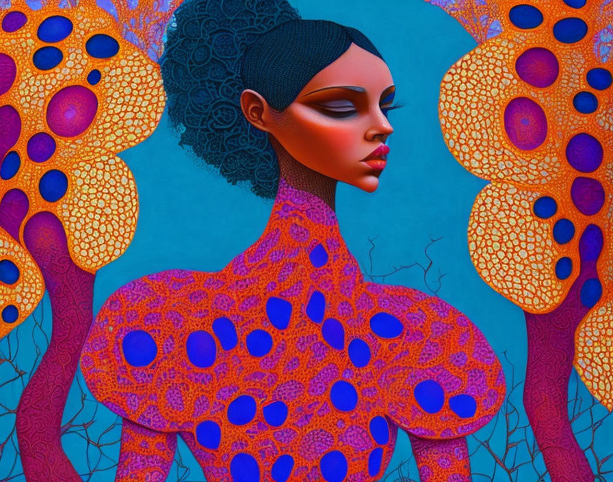 Colorful Woman with Patterned Skin in Vibrant Blue and Orange Palette