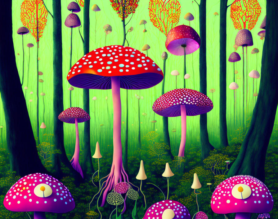 Colorful Oversized Mushrooms in Vibrant Forest Scene
