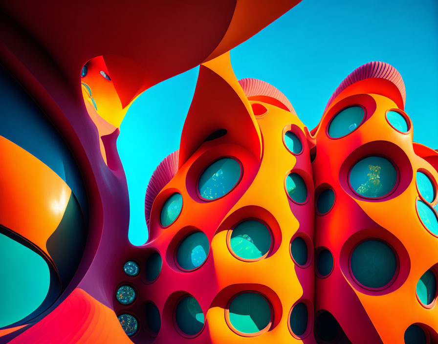 Colorful Abstract Organic Shapes in Orange and Red with Blue-Tinted Windows on Turquoise Sky