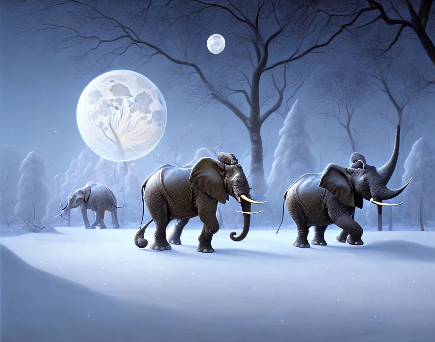 Three elephants in snowy night landscape with full moon and trees