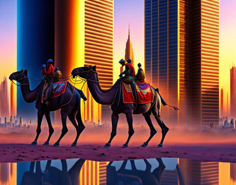 Elaborately adorned camels with riders in futuristic cityscape