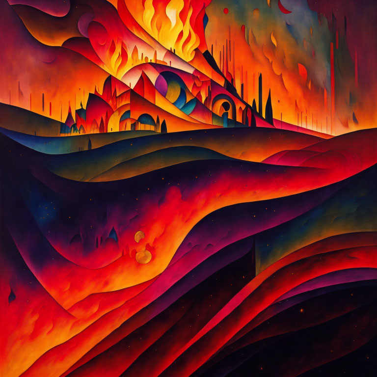 Colorful Abstract Painting of Fiery Hills and Burning Sky