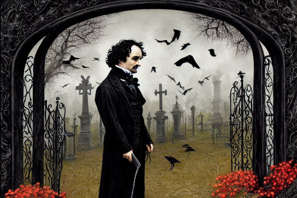 Man in 19th-Century Attire in Gothic Graveyard with Ravens and Red Flowers