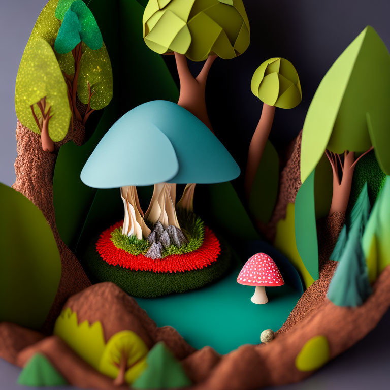 Colorful 3D forest scene with blue mushroom and cozy bed