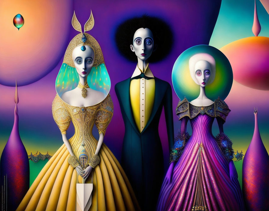 Colorful Stylized Figures in Elaborate Costumes on Whimsical Backdrop